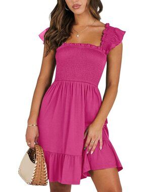 Women's Summer Sleeveless Square Neck Dress Hot Pink Smocked Ruffle Backless